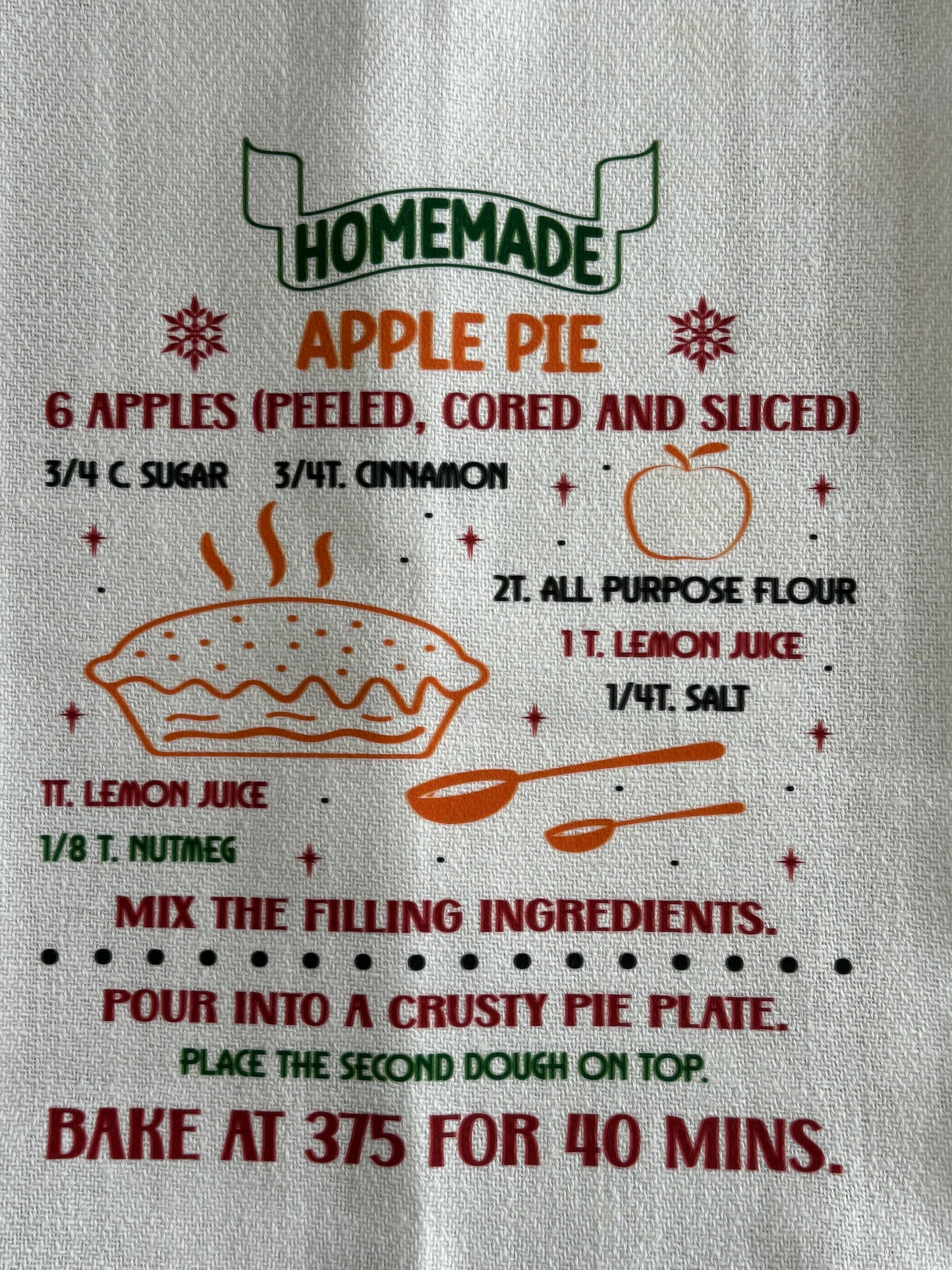Homemade Apple Pie Recipe Tea Towel