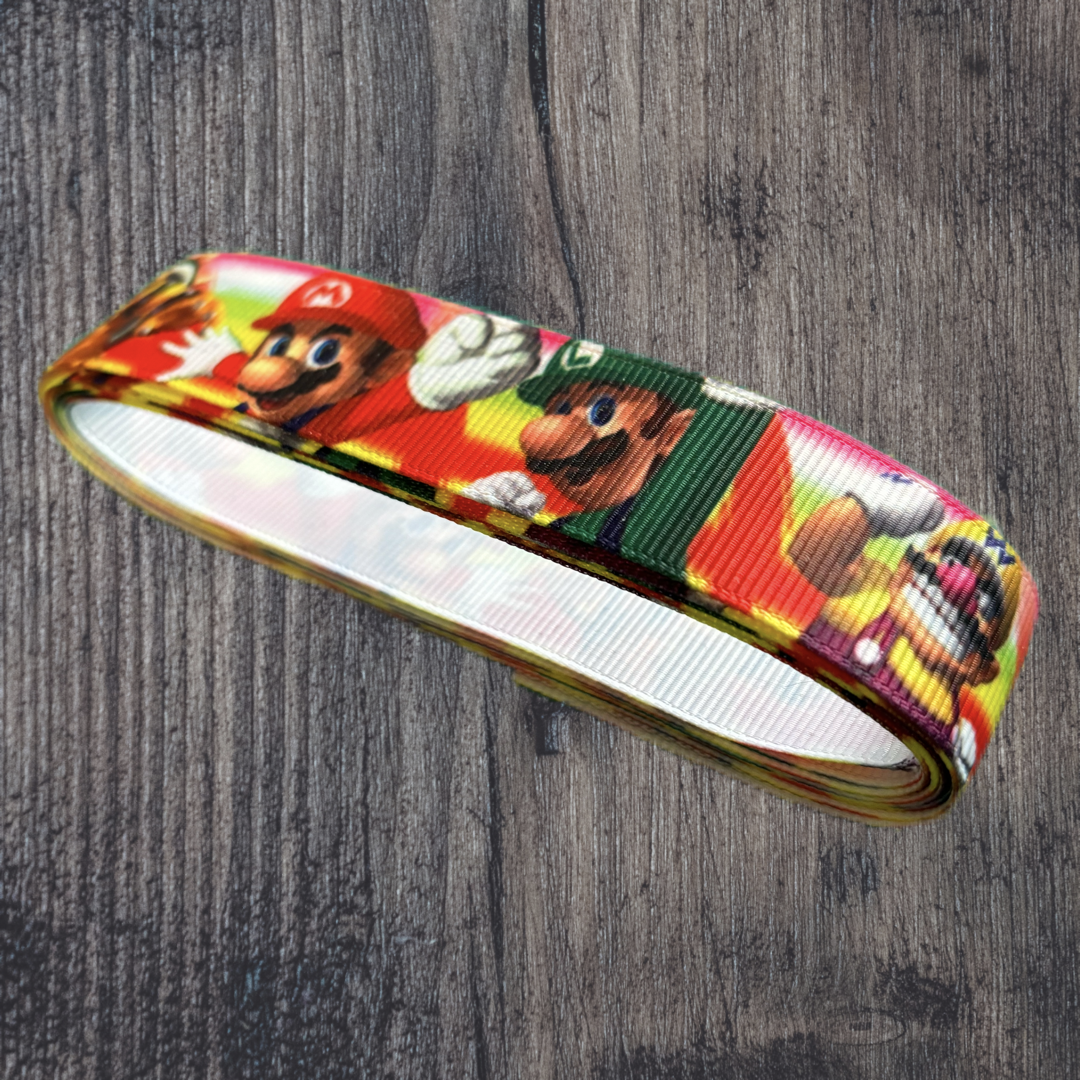 Mario with Pink/Red Background Grosgrain 22mm Ribbon