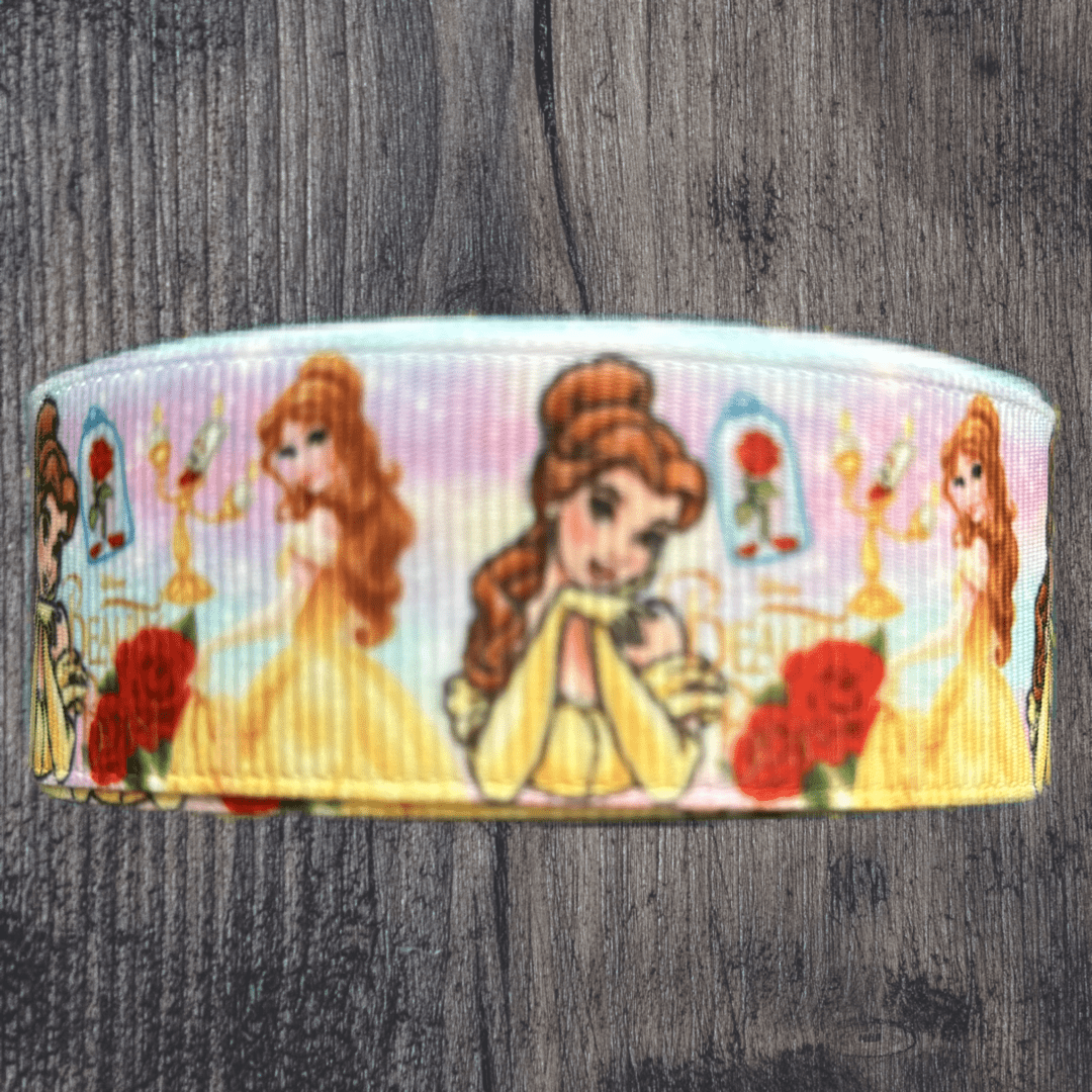 Beauty & the Beast with Pink Sky Background Grosgrain 25mm Ribbon