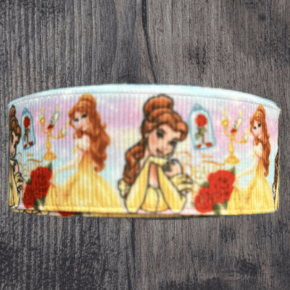 Beauty & the Beast with Pink Sky Background Grosgrain 25mm Ribbon