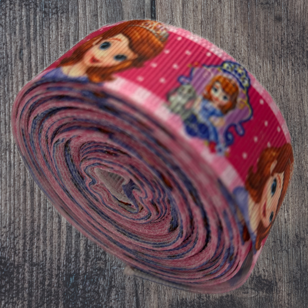 Sofia the First with Dark Pink and Polka Dots Background Grosgrain 22mm Ribbon